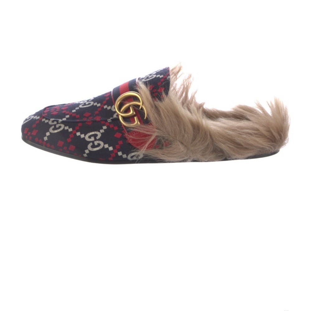 Gucci Princetown GG Logo Slippers – Men’s 7.5 – Blue Canvas w/ Fur Trim